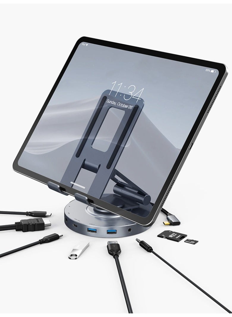 كابل تايم موزع USB-C ثماني في واحد مع حامل قابل للدوران 360 درجة، يدعم HDMI بدقة 4K 60Hz، بالإضافة إلى منفذي USB 3.0، ومنفذ USB-C واحد (بسرعة 5 جيجابت في الثانية)، ومنفذ SD/TF (بسرعة 5 جيجابت في الثانية)، ومنفذ صوت، ومنفذ PD (بقوة 100 واط). - Image 1
